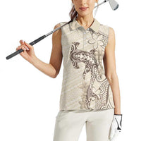 Beige Hawaii Women Sleeveless Polo Shirt Hammerhead Shark Tattoo Curve Polynesian LT14 - Polynesian Pride