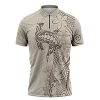 Beige Hawaii Zipper Polo Shirt Hammerhead Shark Tattoo Curve Polynesian - Polynesian Pride