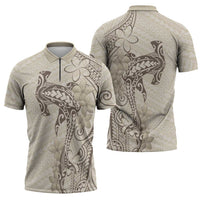 Beige Hawaii Zipper Polo Shirt Hammerhead Shark Tattoo Curve Polynesian - Polynesian Pride
