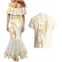 Gold and White Hawaii Couples Matching Mermaid Dress and Hawaiian Shirt Hammerhead Shark Tattoo Curve Polynesian - Polynesian Pride