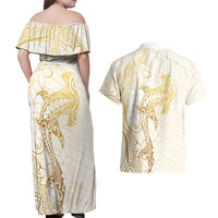 Gold and White Hawaii Couples Matching Off Shoulder Maxi Dress and Hawaiian Shirt Hammerhead Shark Tattoo Curve Polynesian - Polynesian Pride