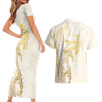 Gold and White Hawaii Couples Matching Short Sleeve Bodycon Dress and Hawaiian Shirt Hammerhead Shark Tattoo Curve Polynesian - Polynesian Pride