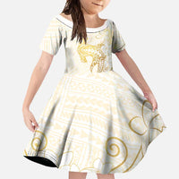 Gold and White Hawaii Family Matching Short Sleeve Bodycon Dress and Hawaiian Shirt Hammerhead Shark Tattoo Curve Polynesian - Polynesian Pride