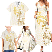 Gold and White Hawaii Family Matching Summer Maxi Dress and Hawaiian Shirt Hammerhead Shark Tattoo Curve Polynesian - Polynesian Pride