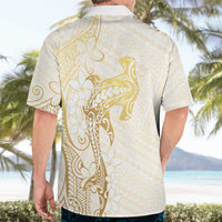 Gold and White Hawaii Hawaiian Shirt Hammerhead Shark Tattoo Curve Polynesian - Polynesian Pride