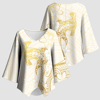 Gold and White Hawaii Kimono Sleeve Blouse Hammerhead Shark Tattoo Curve Polynesian - Polynesian Pride