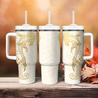 Gold and White Hawaii Tumbler With Handle Hammerhead Shark Tattoo Curve Polynesian - Polynesian Pride