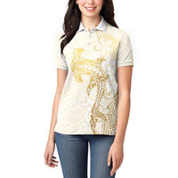 Gold and White Hawaii Women Polo Shirt Hammerhead Shark Tattoo Curve Polynesian - Polynesian Pride