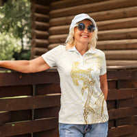 Gold and White Hawaii Women Polo Shirt Hammerhead Shark Tattoo Curve Polynesian - Polynesian Pride