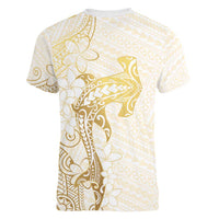 Gold and White Hawaii Women V-Neck T-Shirt Hammerhead Shark Tattoo Curve Polynesian LT14 - Polynesian Pride