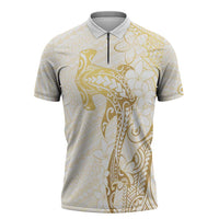 Gold and White Hawaii Zipper Polo Shirt Hammerhead Shark Tattoo Curve Polynesian - Polynesian Pride