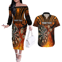 Personalised Polynesian Darts Couples Matching Off The Shoulder Long Sleeve Dress and Hawaiian Shirt Fire Burning With Tribal Tattoo LT14 Orange - Polynesian Pride