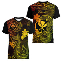 Hawaii Women V Neck T Shirt Fish Hook Tattoo Mix Polynesian Plumeria Reggae Version LT14 - Polynesian Pride