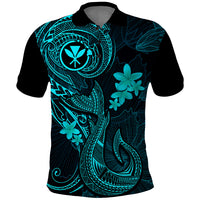 Hawaii Polo Shirt Fish Hook Tattoo Mix Polynesian Plumeria Turquoise Version LT14 Turquoise - Polynesian Pride