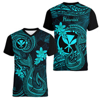 Hawaii Women V Neck T Shirt Fish Hook Tattoo Mix Polynesian Plumeria Turquoise Version LT14 - Polynesian Pride