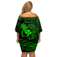 Hawaii Off Shoulder Short Dress Fish Hook Tattoo Mix Polynesian Plumeria Green Version LT14 - Polynesian Pride