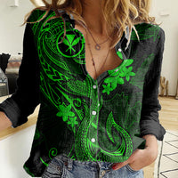 Hawaii Women Casual Shirt Fish Hook Tattoo Mix Polynesian Plumeria Green Version LT14 Female Green - Polynesian Pride
