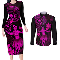 Hawaii Couples Matching Long Sleeve Bodycon Dress and Long Sleeve Button Shirts Hula Girl Mix Polynesian Plumeria Pink Version LT14 Pink - Polynesian Pride