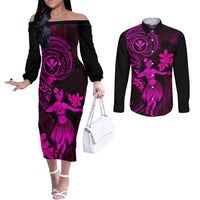Hawaii Couples Matching Off The Shoulder Long Sleeve Dress and Long Sleeve Button Shirts Hula Girl Mix Polynesian Plumeria Pink Version LT14 Pink - Polynesian Pride