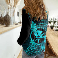 Hawaii Women Casual Shirt Hula Girl Mix Polynesian Plumeria Turquoise Version LT14 - Polynesian Pride