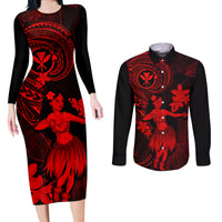 Hawaii Couples Matching Long Sleeve Bodycon Dress and Long Sleeve Button Shirts Hula Girl Mix Polynesian Plumeria Red Version LT14 Red - Polynesian Pride