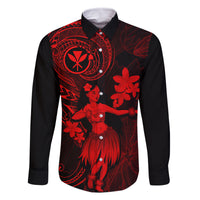 Hawaii Family Matching Off Shoulder Maxi Dress and Hawaiian Shirt Hula Girl Mix Polynesian Plumeria Red Version LT14 Dad's Shirt - Long Sleeve Red - Polynesian Pride
