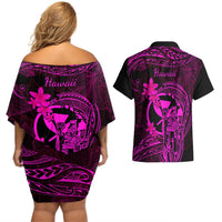Hawaii Couples Matching Off Shoulder Short Dress and Hawaiian Shirt King Kamehameha Mix Polynesian Plumeria Pink Version LT14 - Polynesian Pride