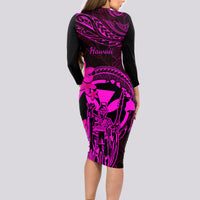 Hawaii Long Sleeve Bodycon Dress King Kamehameha Mix Polynesian Plumeria Pink Version LT14 - Polynesian Pride