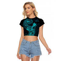 Hawaii Raglan Cropped T Shirt King Kamehameha Mix Polynesian Plumeria Turquoise Version LT14 Female Turquoise - Polynesian Pride