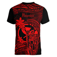 Hawaii Women V Neck T Shirt King Kamehameha Mix Polynesian Plumeria Red Version LT14 - Polynesian Pride