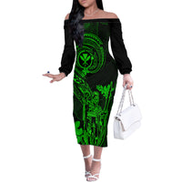 Hawaii Family Matching Off Shoulder Long Sleeve Dress and Hawaiian Shirt King Kamehameha Mix Polynesian Plumeria Green Version LT14 Mom's Dress Green - Polynesian Pride