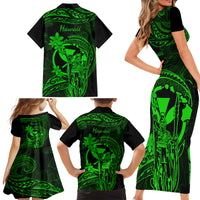 Hawaii Family Matching Short Sleeve Bodycon Dress and Hawaiian Shirt King Kamehameha Mix Polynesian Plumeria Green Version LT14 - Polynesian Pride