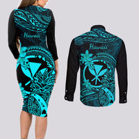 Hawaii Couples Matching Long Sleeve Bodycon Dress and Long Sleeve Button Shirts Pineapple Mix Polynesian Plumeria Turquoise Version LT14 - Polynesian Pride