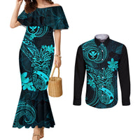 Hawaii Couples Matching Mermaid Dress and Long Sleeve Button Shirts Pineapple Mix Polynesian Plumeria Turquoise Version LT14 Turquoise - Polynesian Pride