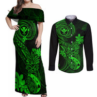 hawaii-couples-matching-off-shoulder-maxi-dress-and-long-sleeve-button-shirts-pineapple-mix-polynesian-plumeria-green-version