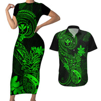 hawaii-couples-matching-short-sleeve-bodycon-dress-and-hawaiian-shirt-pineapple-mix-polynesian-plumeria-green-version
