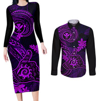 Hawaii Couples Matching Long Sleeve Bodycon Dress and Long Sleeve Button Shirts Shaka Tattoo Mix Polynesian Plumeria Purple Version LT14 Purple - Polynesian Pride