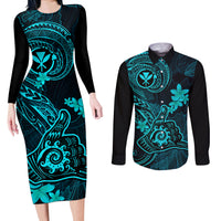 Hawaii Couples Matching Long Sleeve Bodycon Dress and Long Sleeve Button Shirts Shaka Tattoo Mix Polynesian Plumeria Turquoise Version LT14 Turquoise - Polynesian Pride