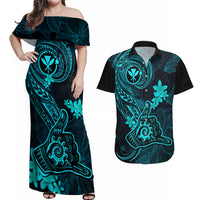 hawaii-couples-matching-off-shoulder-maxi-dress-and-hawaiian-shirt-shaka-tattoo-mix-polynesian-plumeria-turquoise-version