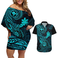 Hawaii Couples Matching Off Shoulder Short Dress and Hawaiian Shirt Shaka Tattoo Mix Polynesian Plumeria Turquoise Version LT14 Turquoise - Polynesian Pride