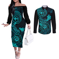 Hawaii Couples Matching Off The Shoulder Long Sleeve Dress and Long Sleeve Button Shirts Shaka Tattoo Mix Polynesian Plumeria Turquoise Version LT14 Turquoise - Polynesian Pride