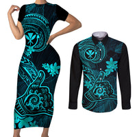 Hawaii Couples Matching Short Sleeve Bodycon Dress and Long Sleeve Button Shirts Shaka Tattoo Mix Polynesian Plumeria Turquoise Version LT14 Turquoise - Polynesian Pride