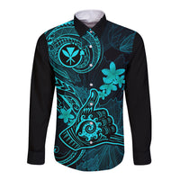 hawaii-long-sleeve-button-shirt-shaka-tattoo-mix-polynesian-plumeria-turquoise-version