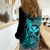 hawaii-women-casual-shirt-shaka-tattoo-mix-polynesian-plumeria-turquoise-version
