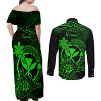 Hawaii Couples Matching Off Shoulder Maxi Dress and Long Sleeve Button Shirts Shaka Tattoo Mix Polynesian Plumeria Green Version LT14 - Polynesian Pride