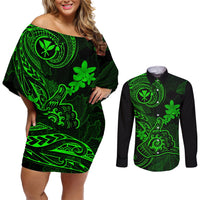 Hawaii Couples Matching Off Shoulder Short Dress and Long Sleeve Button Shirts Shaka Tattoo Mix Polynesian Plumeria Green Version LT14 Green - Polynesian Pride