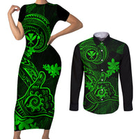 Hawaii Couples Matching Short Sleeve Bodycon Dress and Long Sleeve Button Shirts Shaka Tattoo Mix Polynesian Plumeria Green Version LT14 Green - Polynesian Pride