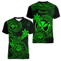 hawaii-women-v-neck-t-shirt-shaka-tattoo-mix-polynesian-plumeria-green-version