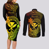 Hawaii Couples Matching Long Sleeve Bodycon Dress and Long Sleeve Button Shirts Hammerhead Shark Tattoo Mix Polynesian Plumeria Reggae Version LT14 - Polynesian Pride