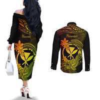 Hawaii Couples Matching Off The Shoulder Long Sleeve Dress and Long Sleeve Button Shirts Hammerhead Shark Tattoo Mix Polynesian Plumeria Reggae Version LT14 - Polynesian Pride